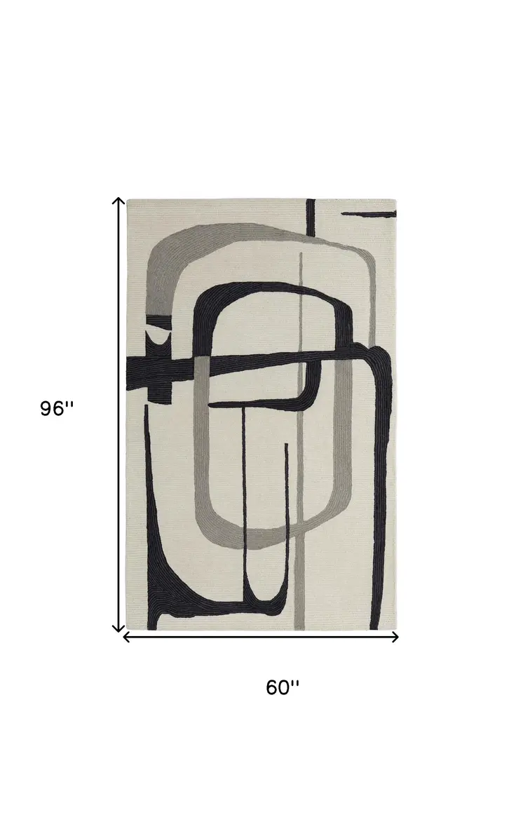 5' X 8' Gray and Ivory Wool Abstract Hand Tufted Area Rug