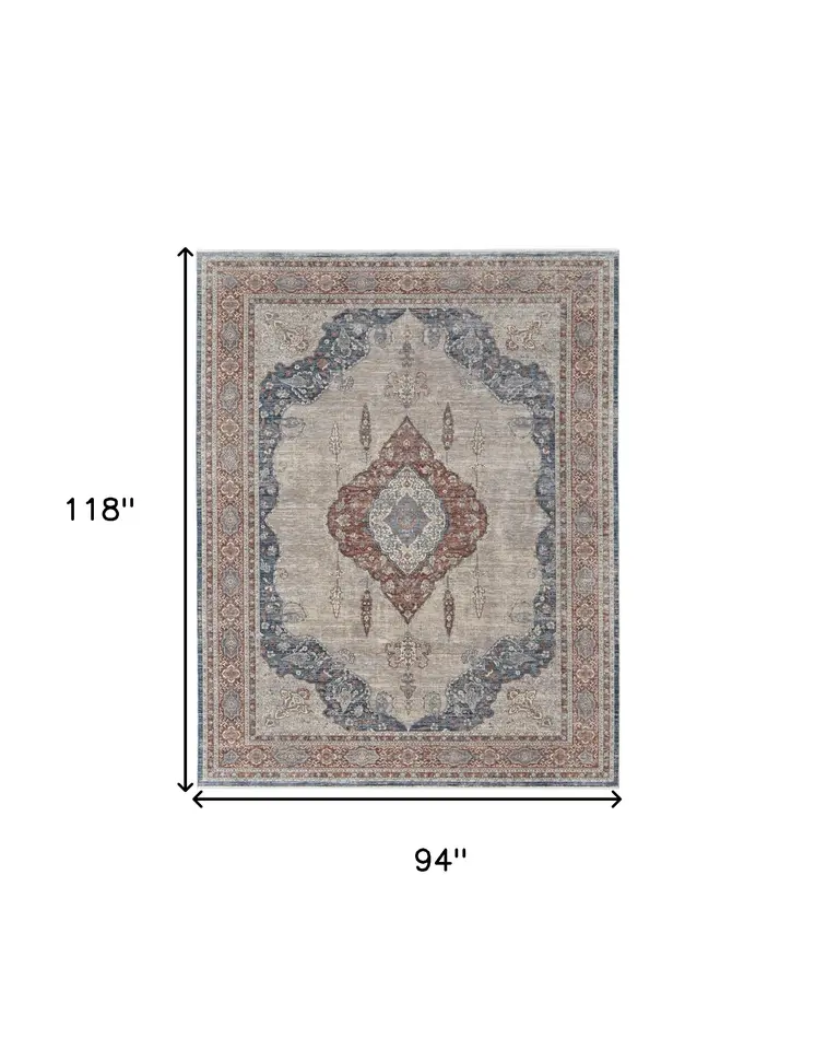 8' X 10' Gray Red And Blue Floral Power Loom Stain Resistant Area Rug