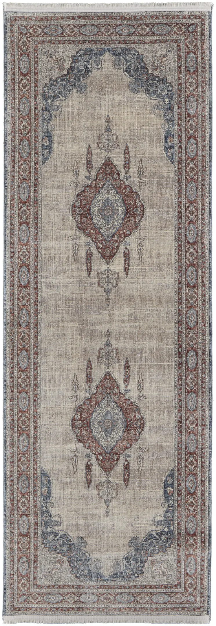 8' Blue and Gray Floral Power Loom Runner Rug With Fringe