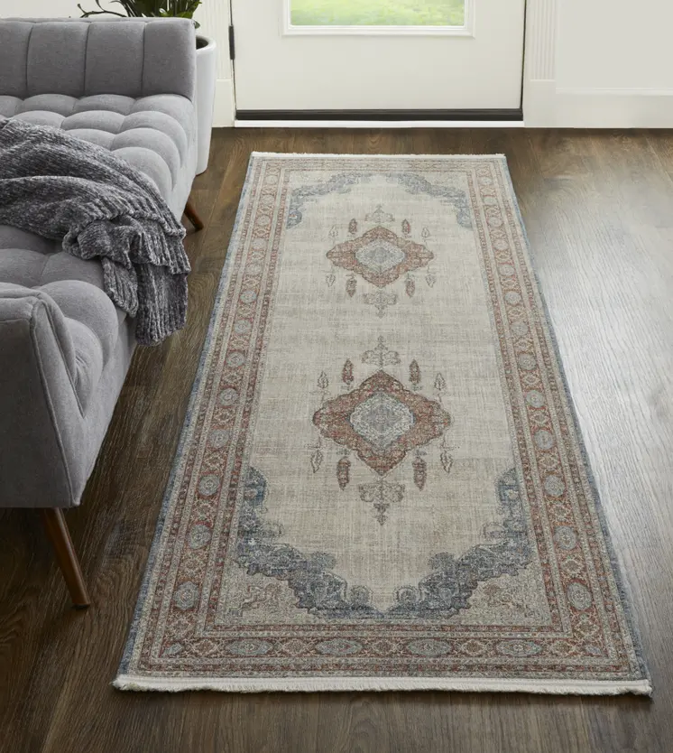 10' Blue and Gray Floral Power Loom Runner Rug With Fringe