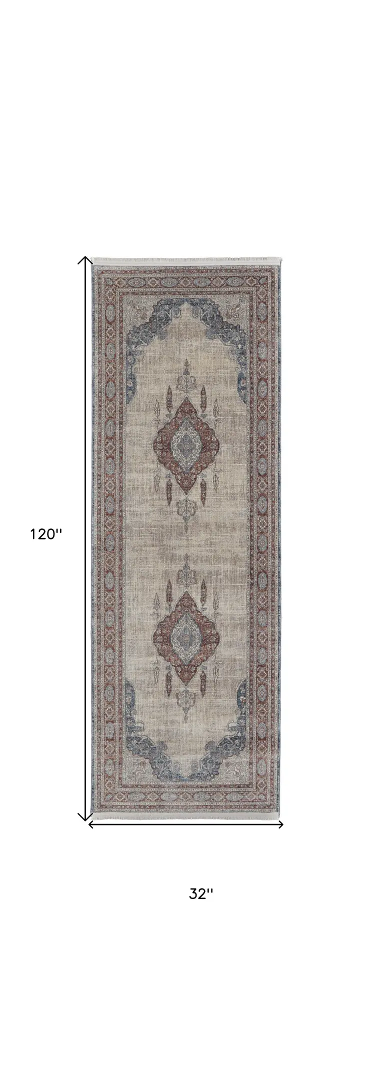 10' Blue and Gray Floral Power Loom Runner Rug With Fringe