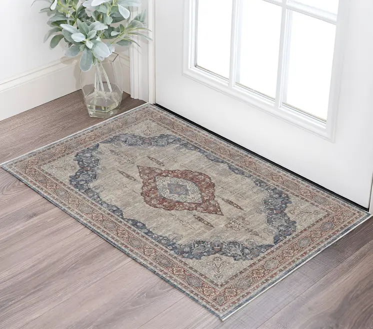 2' X 3' Blue and Gray Floral Power Loom Area Rug