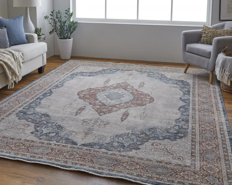 2' X 3' Blue and Gray Floral Power Loom Area Rug