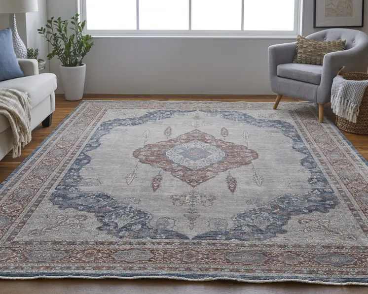 2' X 3' Blue and Gray Floral Power Loom Area Rug