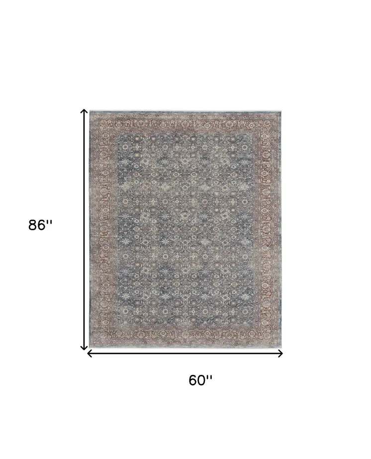5' X 7' Blue and Beige Floral Power Loom Area Rug