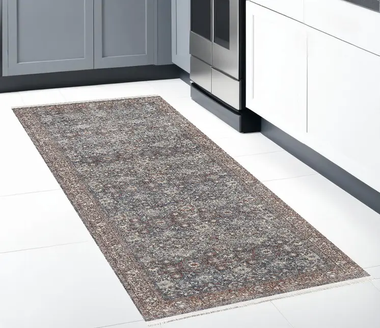 8' Blue And Red Floral Power Loom Stain Resistant Runner Rug