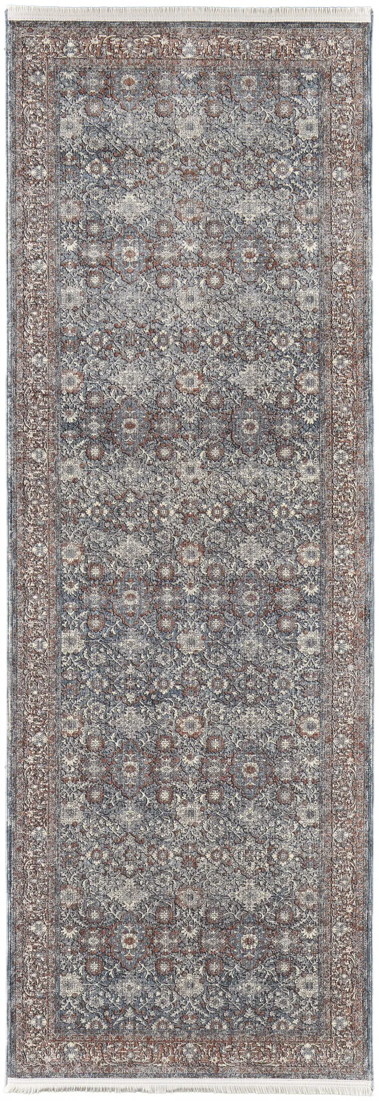 10' Blue and Beige Floral Power Loom Runner Rug With Fringe