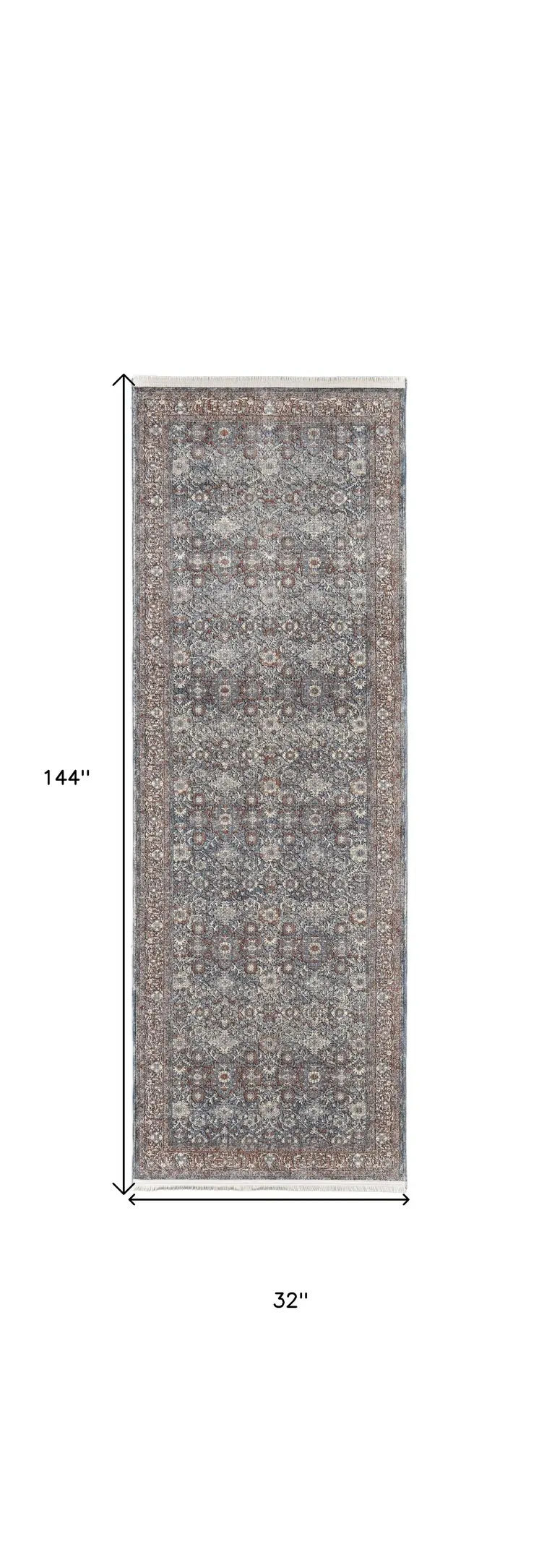 12' Blue And Red Floral Power Loom Runner Rug