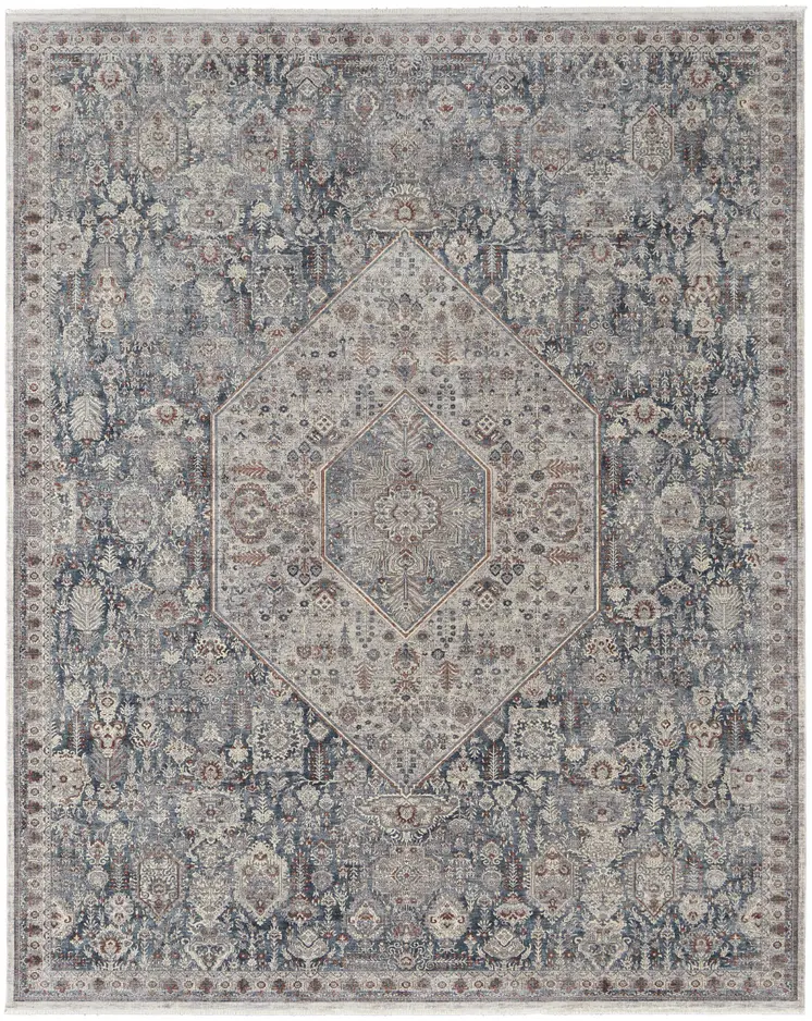 5' X 7' Blue and Ivory Floral Power Loom Area Rug