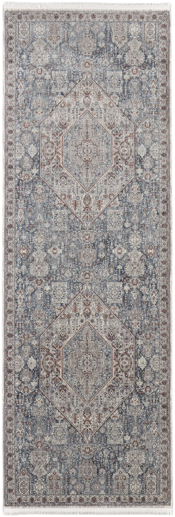 10' Blue and Ivory Floral Power Loom Runner Rug With Fringe