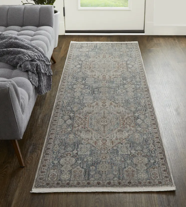 10' Blue and Ivory Floral Power Loom Runner Rug With Fringe