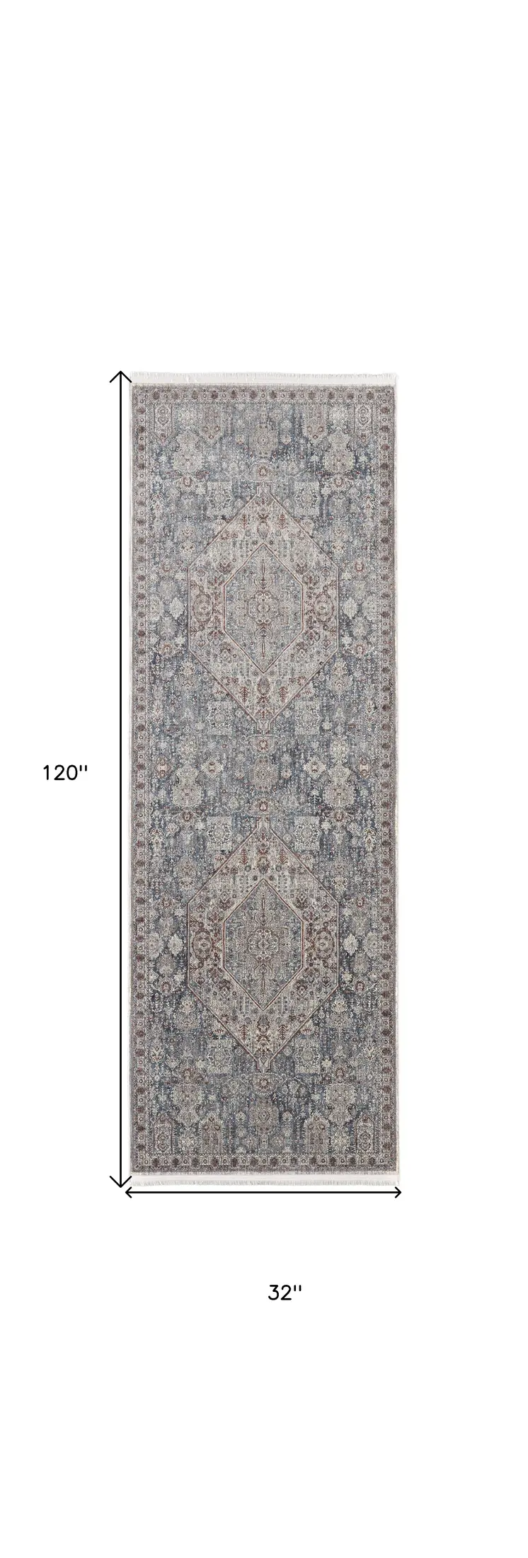 10' Blue and Ivory Floral Power Loom Runner Rug With Fringe