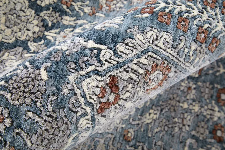 12' Blue And Ivory Floral Power Loom Runner Rug