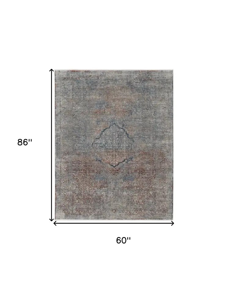 5' X 7' Blue and Gray Floral Power Loom Area Rug