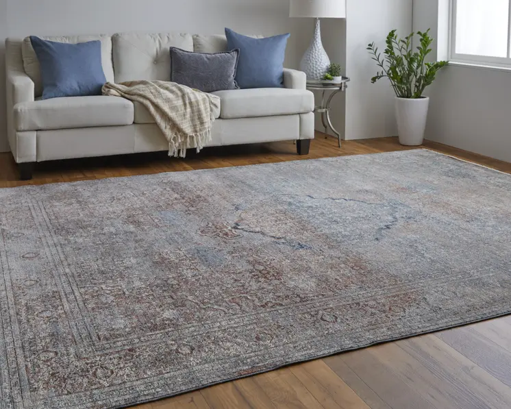 5' X 7' Blue and Gray Floral Power Loom Area Rug