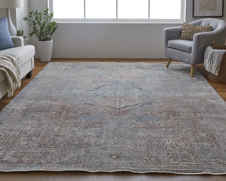 5' X 7' Blue and Gray Floral Power Loom Area Rug