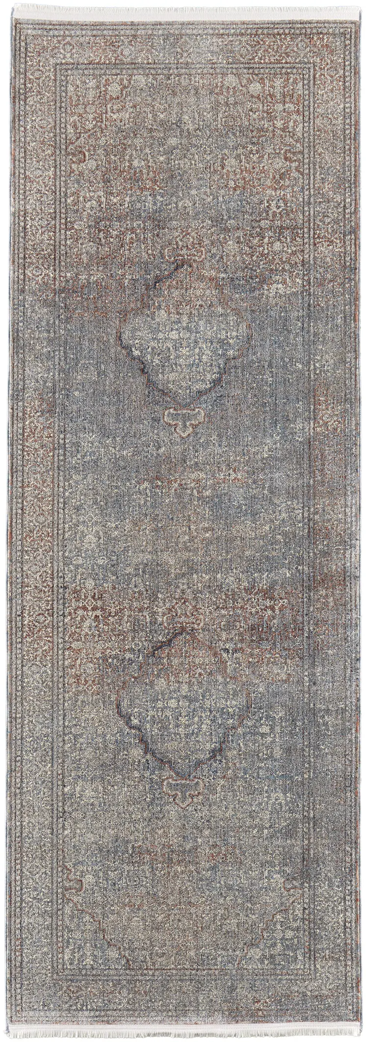 10' Blue and Gray Floral Power Loom Runner Rug With Fringe