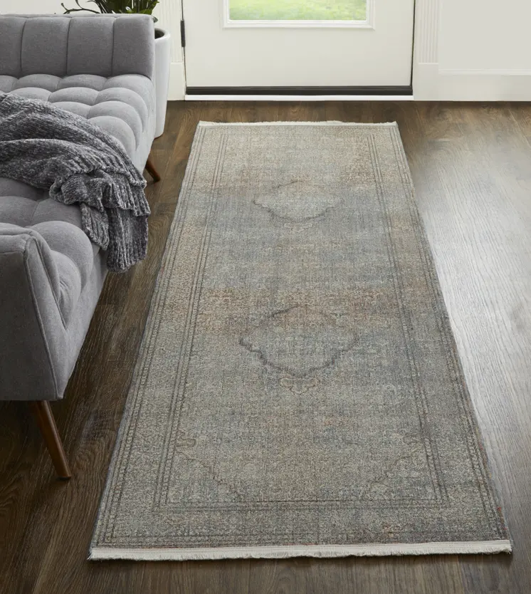 10' Blue and Gray Floral Power Loom Runner Rug With Fringe
