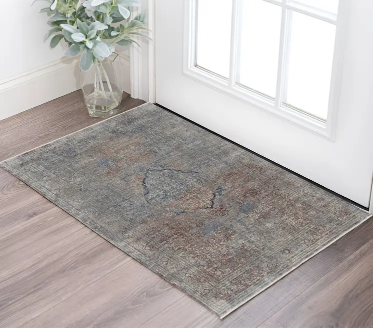 2' X 3' Blue and Gray Floral Power Loom Area Rug