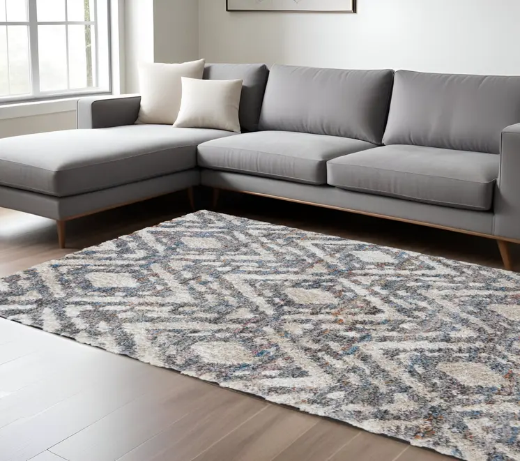 8' X 10' Gray and Ivory Geometric Power Loom Area Rug