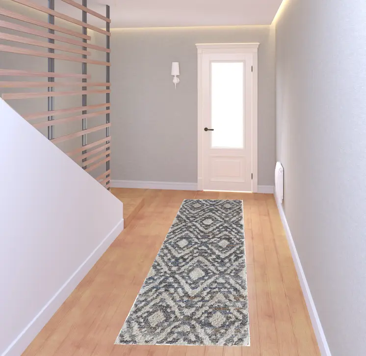 8' Ivory Gray And Taupe Geometric Power Loom Stain Resistant Runner Rug