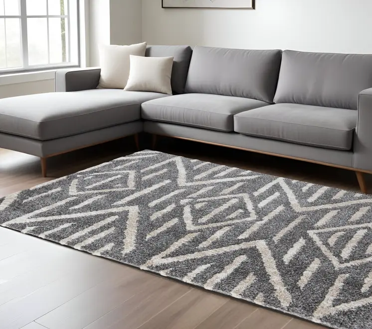 9' X 12' Gray And Ivory Geometric Power Loom Stain Resistant Area Rug