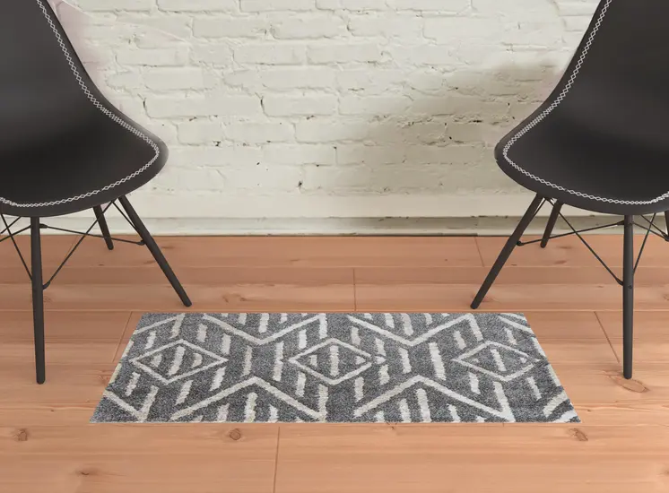 2' X 3' Gray And Ivory Geometric Power Loom Stain Resistant Area Rug