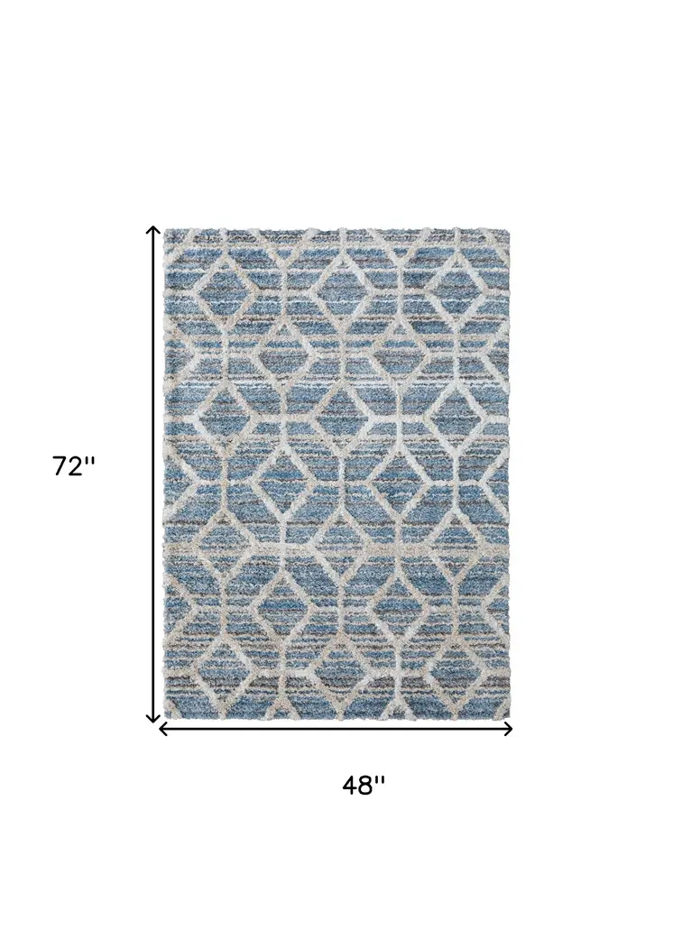 4' X 6' Blue And Ivory Geometric Power Loom Stain Resistant Area Rug