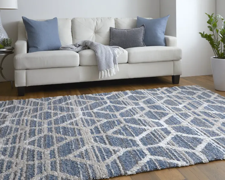 5' X 8' Blue And Ivory Geometric Power Loom Stain Resistant Area Rug