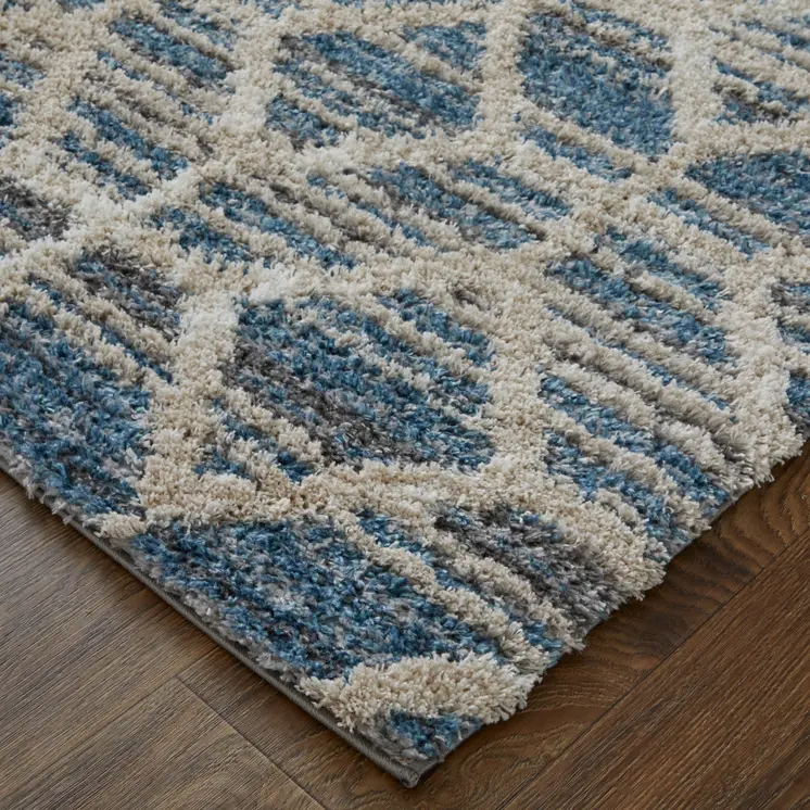 9' X 12' Blue And Ivory Geometric Power Loom Stain Resistant Area Rug