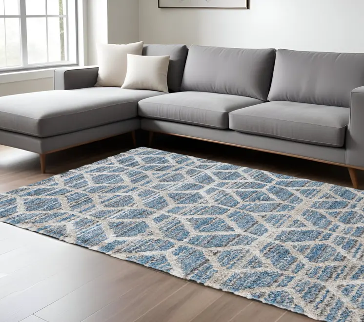 8' X 10' Blue and Ivory Geometric Power Loom Area Rug