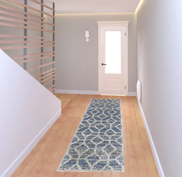 8' Blue And Ivory Geometric Power Loom Stain Resistant Runner Rug