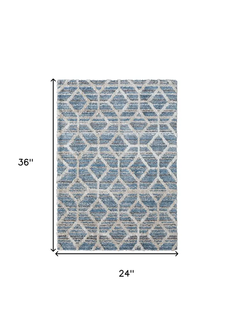 2' X 3' Blue And Ivory Geometric Power Loom Stain Resistant Area Rug