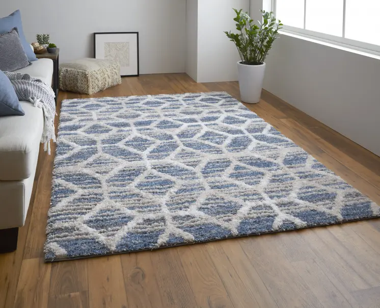2' X 3' Blue And Ivory Geometric Power Loom Stain Resistant Area Rug