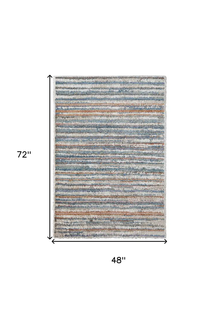4' X 6' Ivory Blue And Orange Striped Power Loom Stain Resistant Area Rug