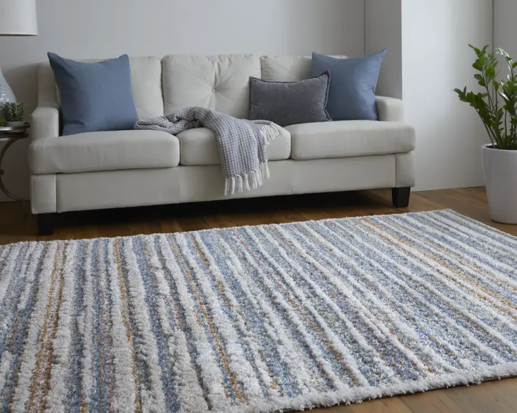4' X 6' Ivory Blue And Orange Striped Power Loom Stain Resistant Area Rug