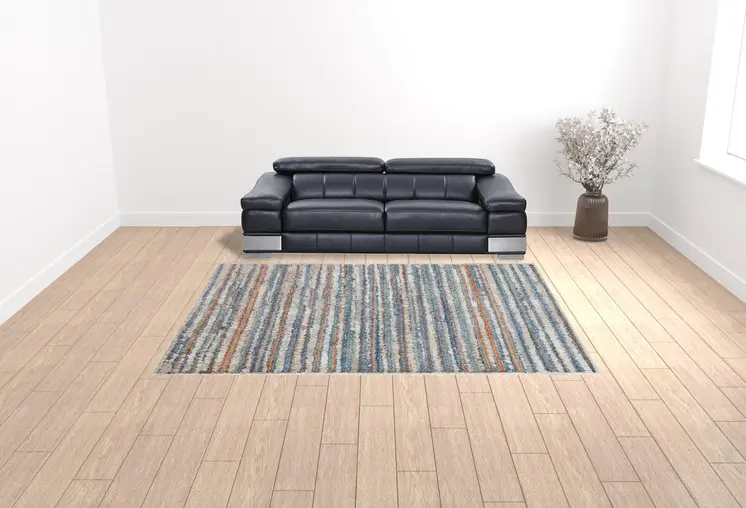 9' X 12' Ivory Blue And Orange Striped Power Loom Stain Resistant Area Rug