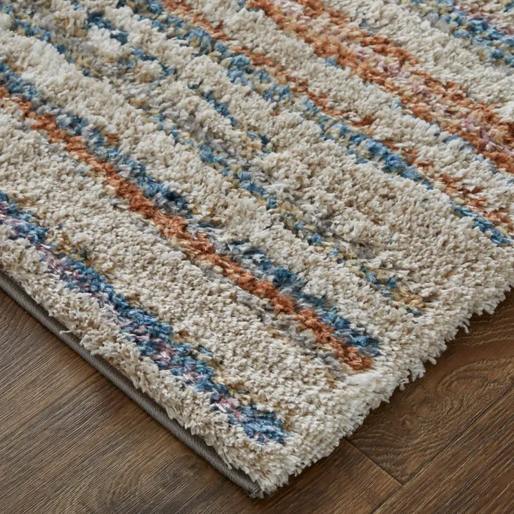 10' X 14' Ivory Blue And Orange Striped Power Loom Stain Resistant Area Rug