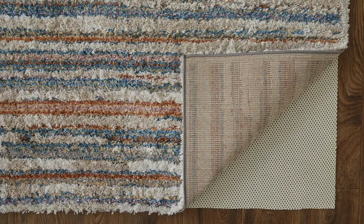 10' X 14' Ivory Blue And Orange Striped Power Loom Stain Resistant Area Rug