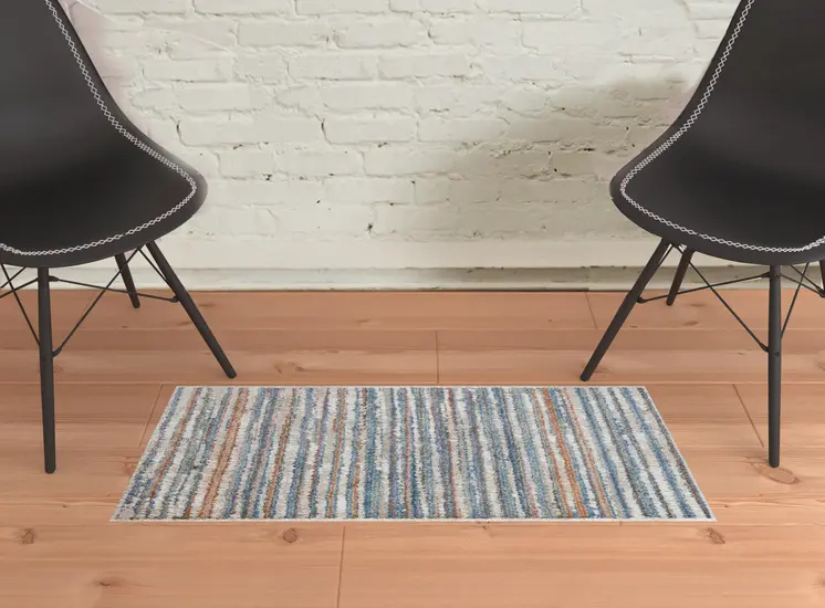 2' X 3' Ivory Blue And Orange Striped Power Loom Stain Resistant Area Rug