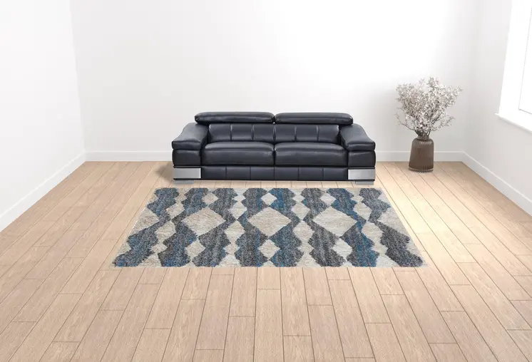 9' X 12' Ivory Gray And Blue Chevron Power Loom Stain Resistant Area Rug
