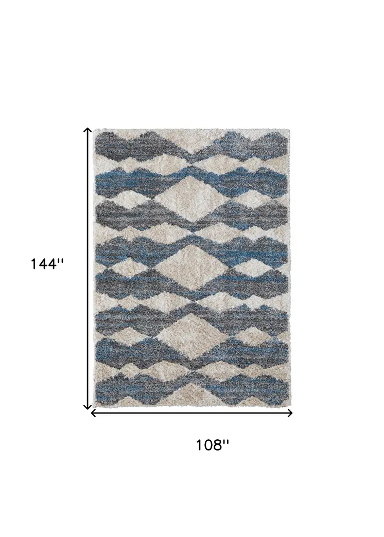 9' X 12' Ivory Gray And Blue Chevron Power Loom Stain Resistant Area Rug