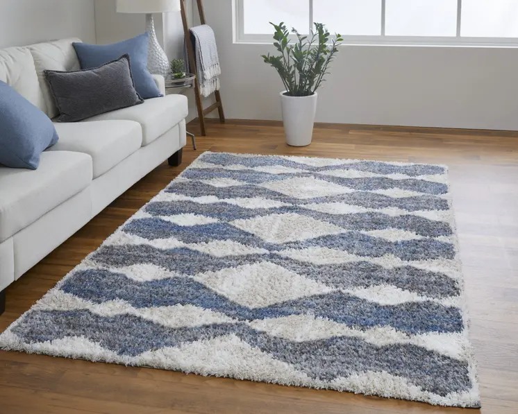 8' X 10' Ivory Gray And Blue Chevron Power Loom Stain Resistant Area Rug