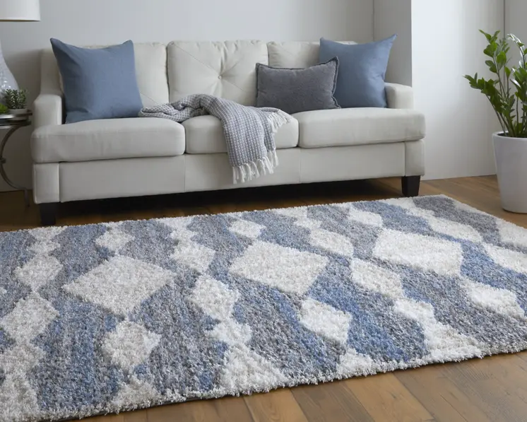 10' X 14' Ivory Gray And Blue Chevron Power Loom Stain Resistant Area Rug
