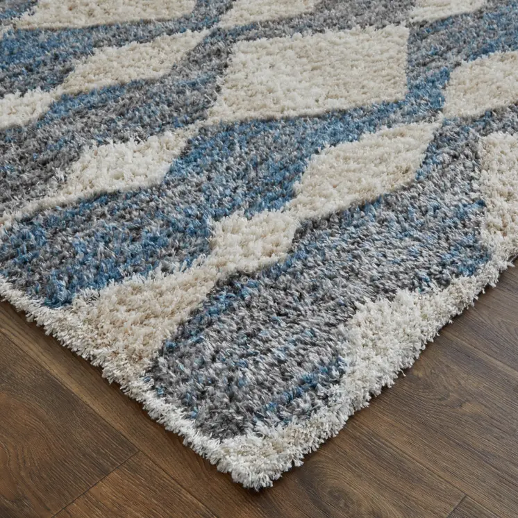 10' X 14' Ivory Gray And Blue Chevron Power Loom Stain Resistant Area Rug