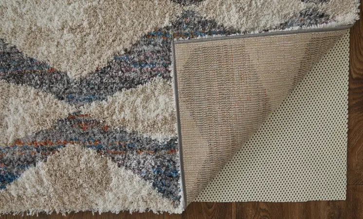 5' X 8' Tan Ivory And Blue Chevron Power Loom Stain Resistant Area Rug