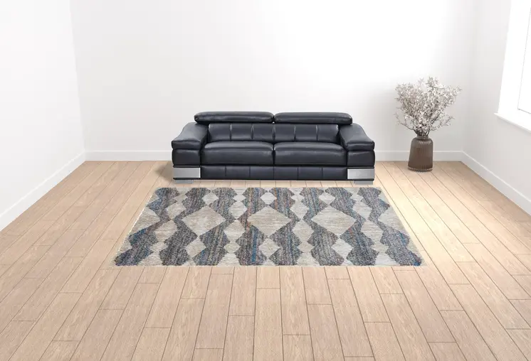 9' X 12' Tan Ivory And Blue Chevron Power Loom Stain Resistant Area Rug