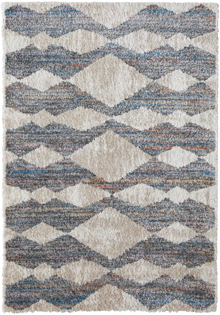 8' X 10' Tan Ivory And Blue Chevron Power Loom Stain Resistant Area Rug