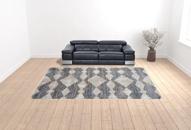 10' X 14' Tan Ivory And Blue Chevron Power Loom Stain Resistant Area Rug