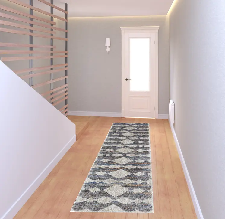 8' Tan Ivory And Blue Chevron Power Loom Stain Resistant Runner Rug